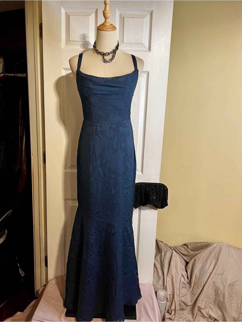 Azazie Wms Navy Blue Floral Embroidery Appliqué Drape Front Mermaid Maxi Dress 2